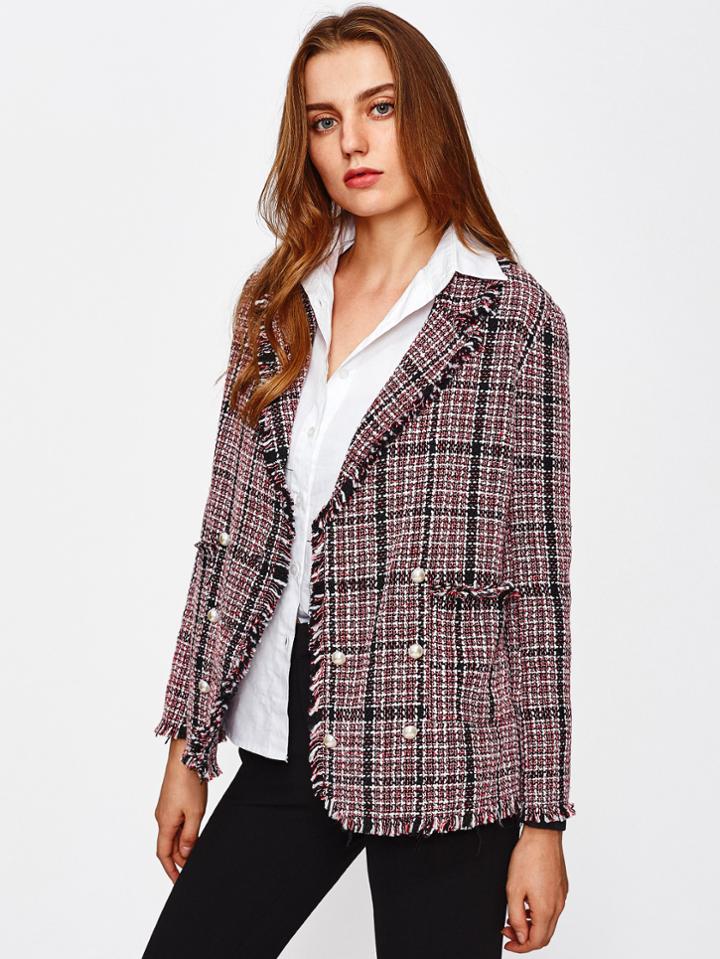 Romwe Frayed Trim Pearl Button Tweed Blazer