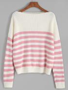 Romwe Pink Striped Dropped Shoulder Seam Sweater