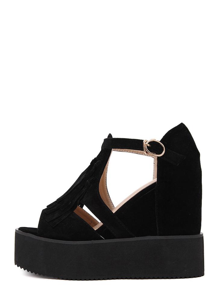 Romwe Black Open Toe T-strap Platform Wedge Pumps