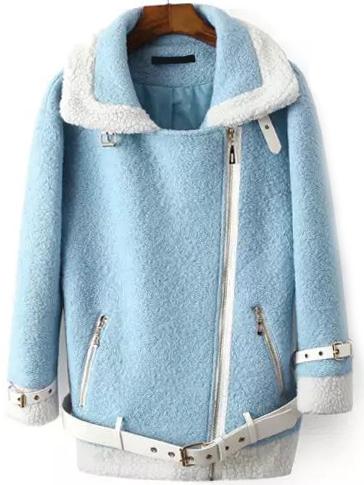 Romwe Women Lapel Zipper Belt Blue Jacket