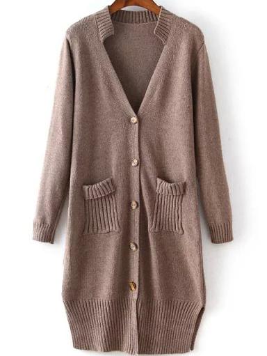 Romwe With Pockets Split Coffee Cardigan
