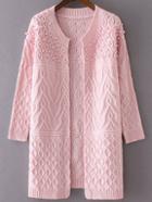 Romwe Pink Cable Knit Beaded Long Sweater Coat