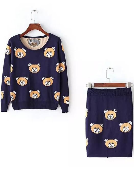 Romwe Bear Print Top With Sheath Knit Navy Skirt