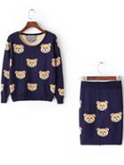 Romwe Bear Print Top With Sheath Knit Navy Skirt