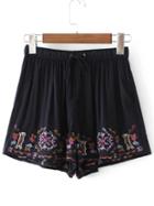 Romwe Drawstring Waist Embroidery Shorts
