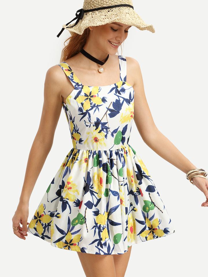 Romwe Multicolor Flower Print Pleated Skater Dress