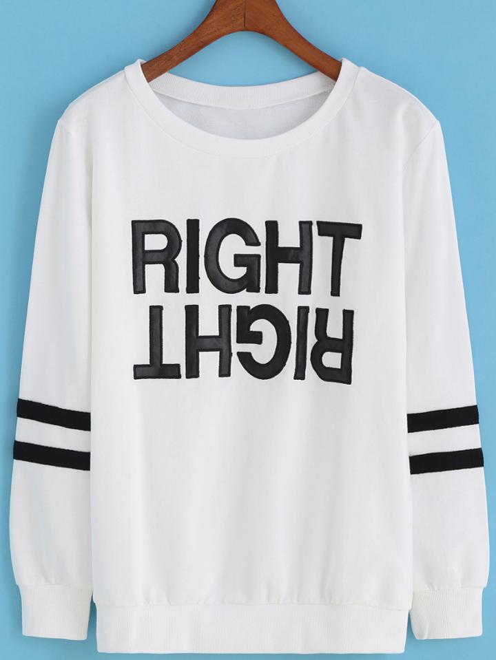 Romwe Letter Print Varsity Striped White Sweatshirt