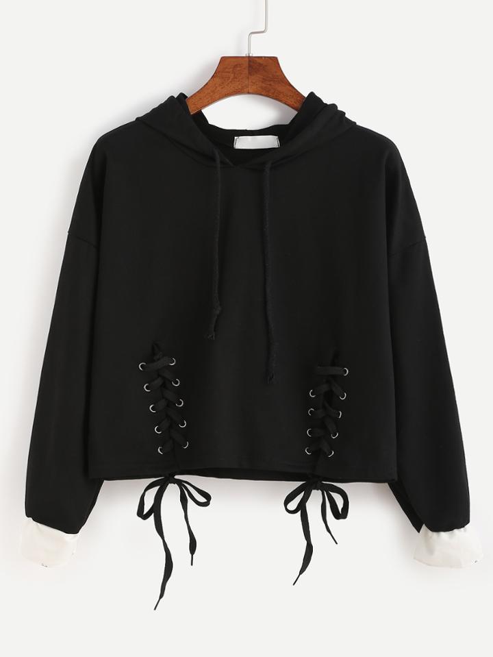 Romwe Contrast Cuff Lace Up Drawstring Hooded Crop Sweatshirt