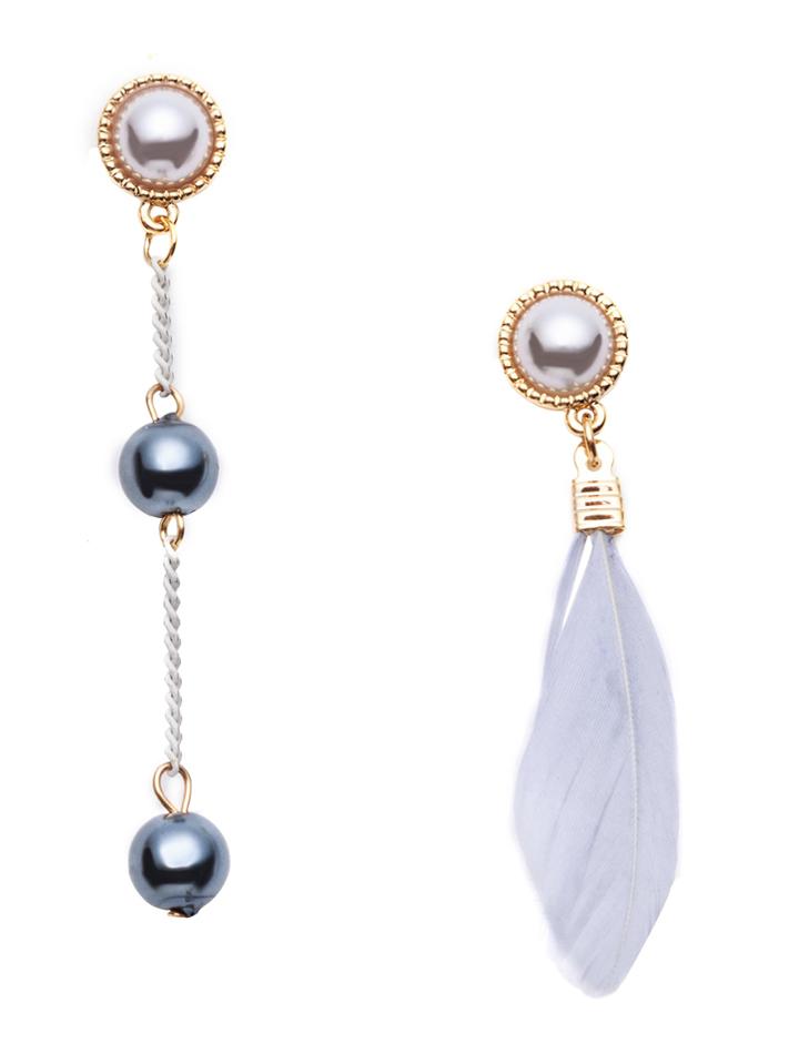 Romwe Grey Feather Metal Ball Faux Pearl Asymmetrical Earrings