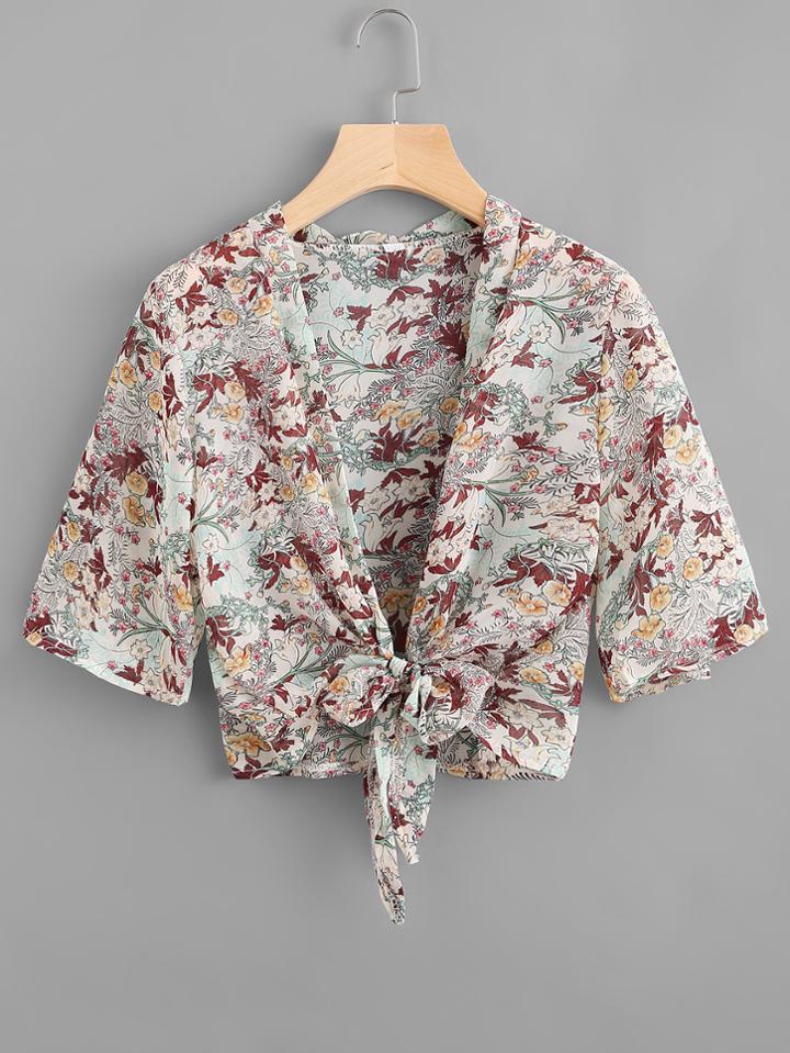 Romwe Calico Print Self Tie Front Open Front Top