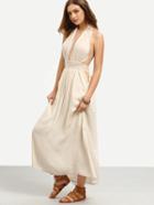 Romwe Apricot Deep V Neck Halter Neck Pleated Maxi Dress