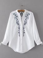Romwe White Embroidery Tie Cuff Single Breasted Blouse