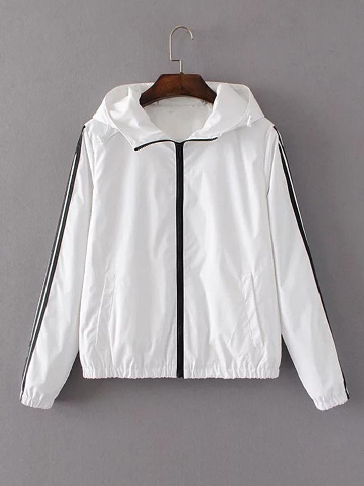 Romwe Striped Side Hooded Jacket With Pocket