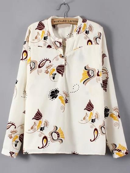 Romwe V Cut Abstract Print Blouse