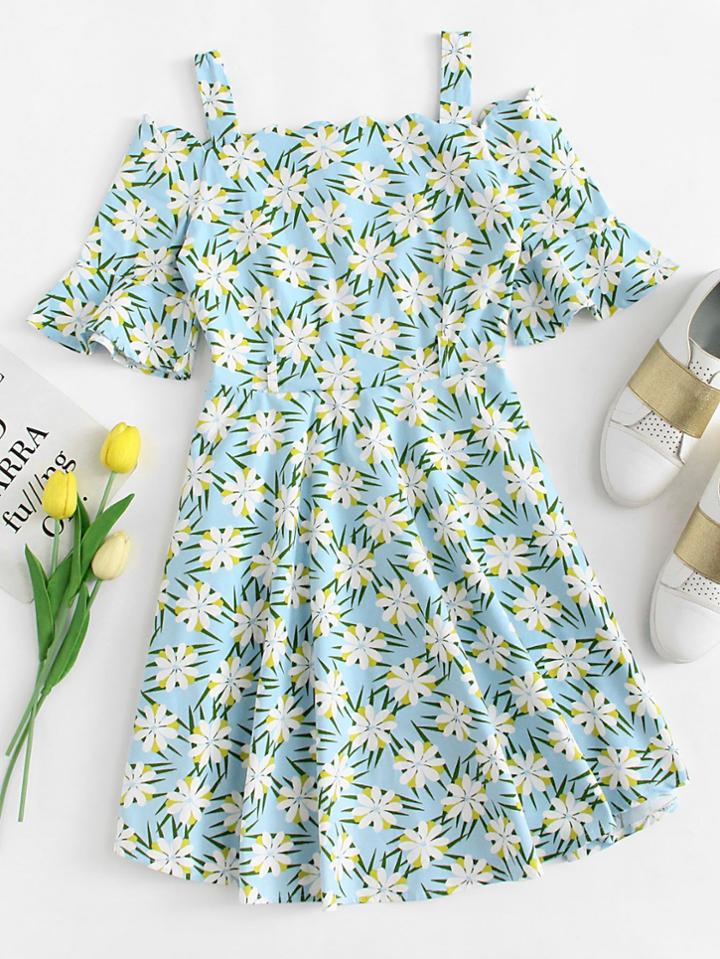 Romwe Flora Print Off Shoulder Cami Dress