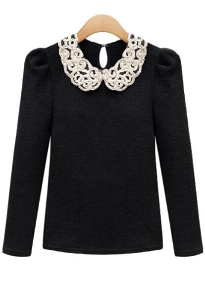 Romwe Contrast Hollow Collar Slim Black Blouse