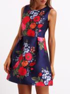 Romwe Multicolor Crew Neck Sleeveless Floral Flare Dress