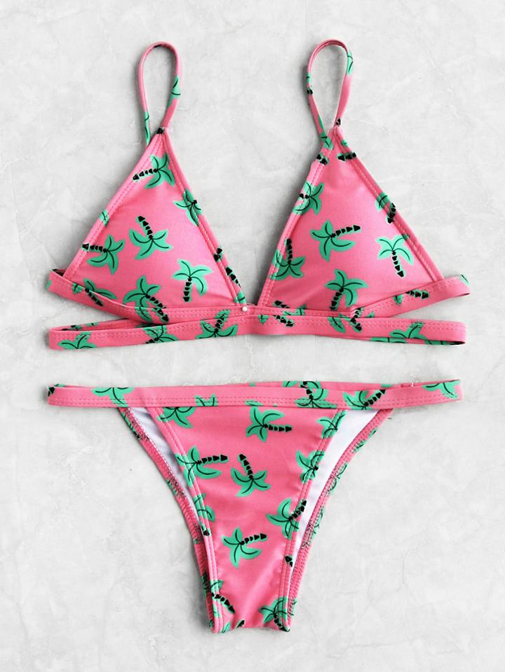 Romwe Plant Print Triangle Bikini Set