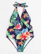 Romwe Jungle Print Backless Swimsuit