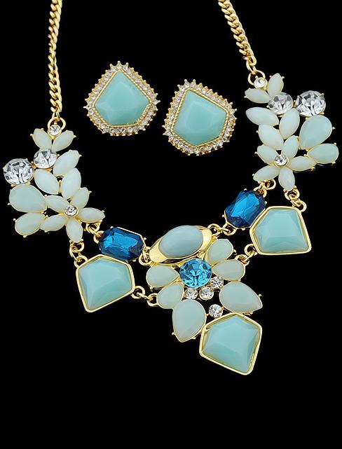 Romwe Blue Gemstone Gold Chain Necklace With Earrings