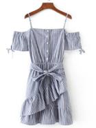 Romwe Vertical Striped Ruffle Dress With Self Tie
