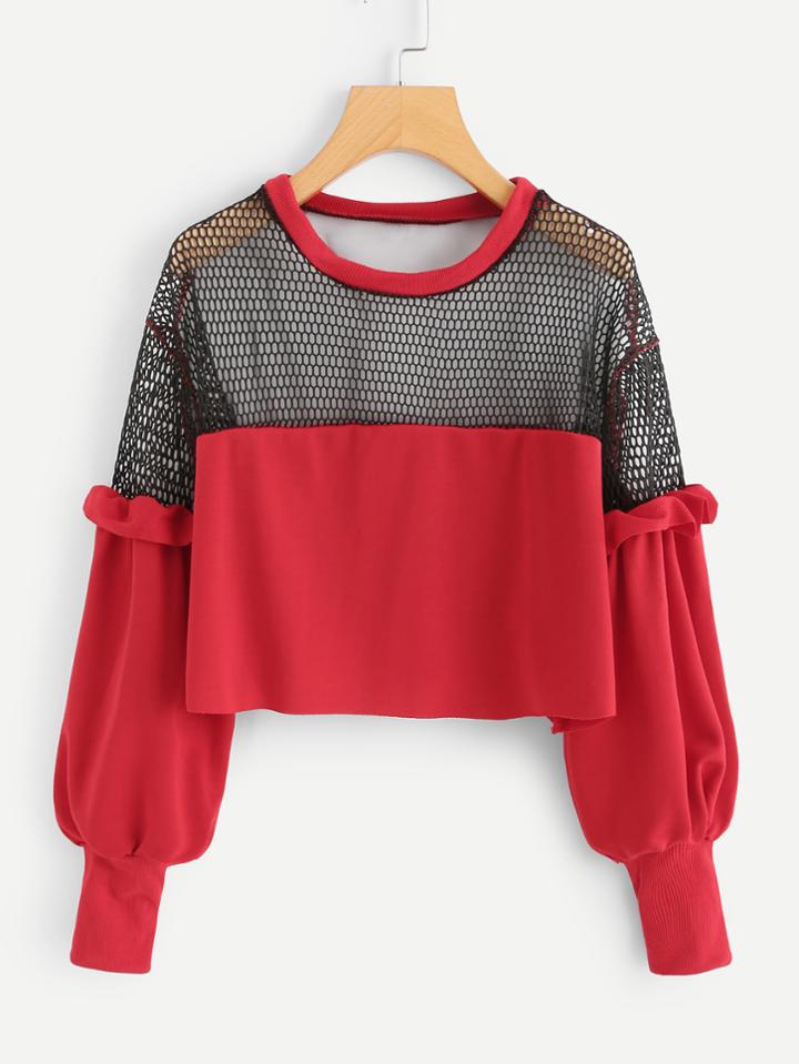 Romwe Ruffle Trim Fishnet Panel Sweatshirt