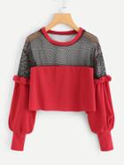 Romwe Ruffle Trim Fishnet Panel Sweatshirt