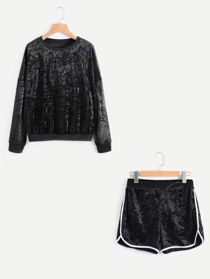 Romwe Velvet Drop Shoulder Sweatshirt With Shorts