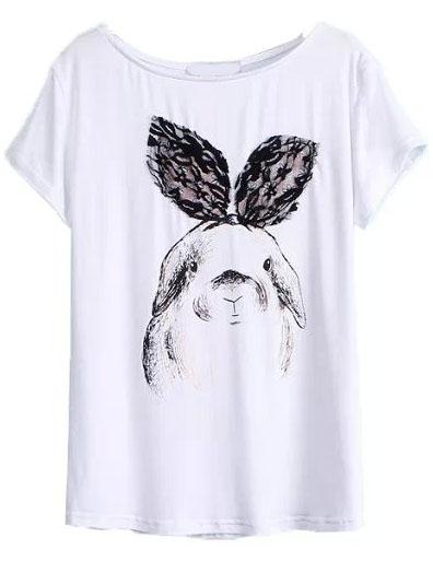 Romwe Lace Rabbit Print T-shirt