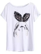 Romwe Lace Rabbit Print T-shirt