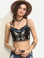 Romwe Black Flower Embroidered Crop Cami Top
