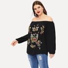 Romwe Plus Off The Shoulder Floral Embroidery Blouse