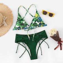 Romwe Random Palm Cross Top With Tie Side Bikini Set