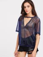 Romwe Iridescent V Cutout Plunging Mesh Top