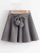 Romwe Self Tie Flared Skirt With Pom Pom