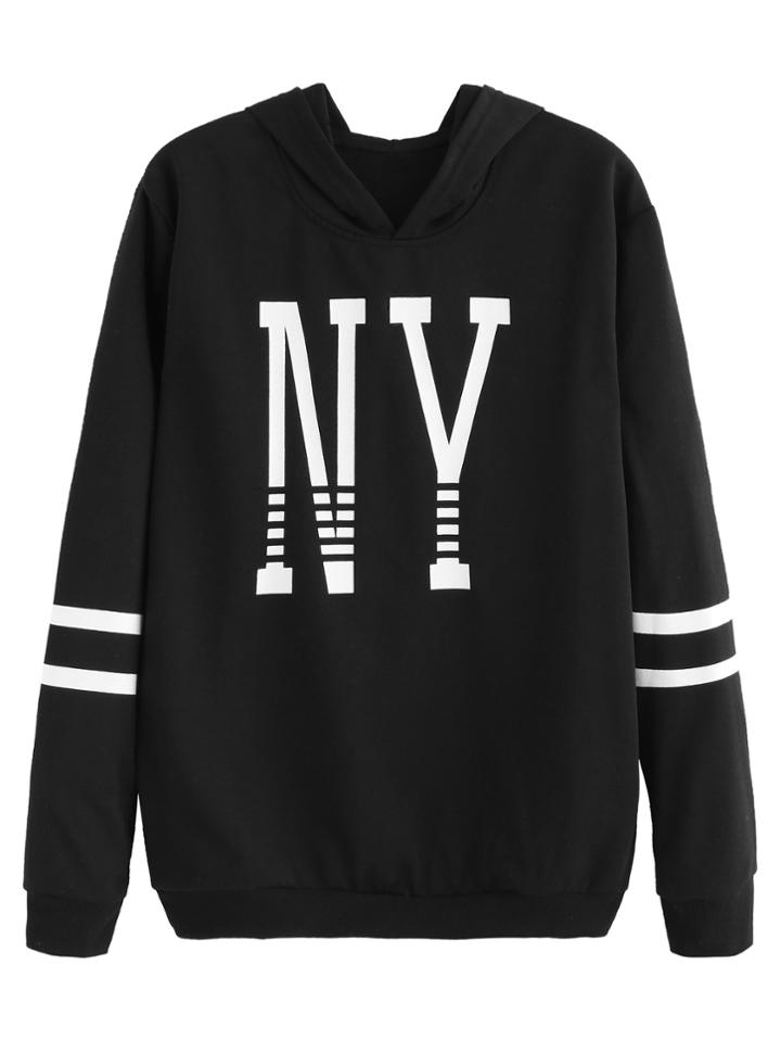 Romwe Black Letter Print Striped Hooded Sweatshirt