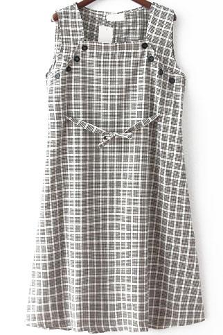 Romwe Square Neck Plaid With Buttons Grey Dress