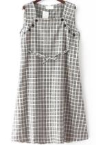 Romwe Square Neck Plaid With Buttons Grey Dress