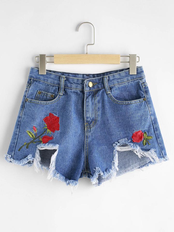 Romwe Embroidered Destroy Fray Hem Shorts