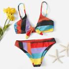 Romwe Striped Colorblock Ruched Top With Low Rise Bikini
