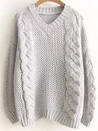 Romwe Grey V Neck Cable Knit Loose Sweater