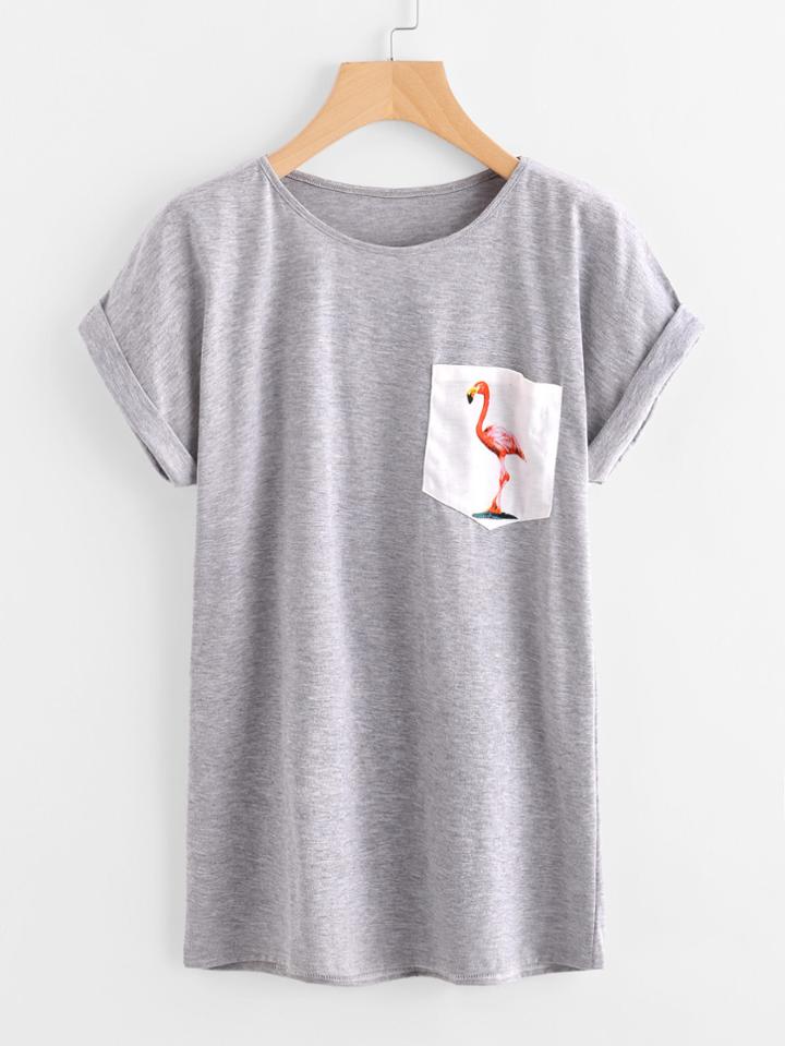 Romwe Contrast Flamingo Print Pocket Marled Cuffed Tee