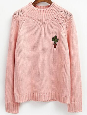 Romwe Mock Neck Raglan Sleeve Cactus Embroidered Pink Sweater