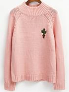 Romwe Mock Neck Raglan Sleeve Cactus Embroidered Pink Sweater