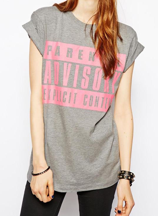 Romwe Grey Short Sleeve Advisory Print Loose T-shirt