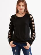 Romwe Black Ladder Cut Out Sleeve Sweatshirt