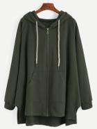 Romwe Dark Green Raglan Sleeve Drawstring Hooded Zipper Sweatshirt