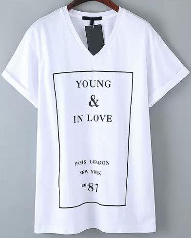 Romwe V Neck Letters Print White T-shirt