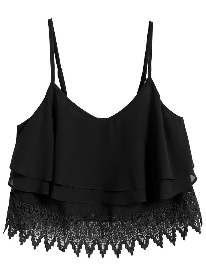 Romwe Spaghetti Strap Multilayers Chiffon Black Vest