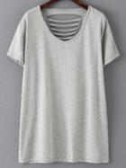Romwe Grey Short Sleeve Ripped Hole Casual T-shirt